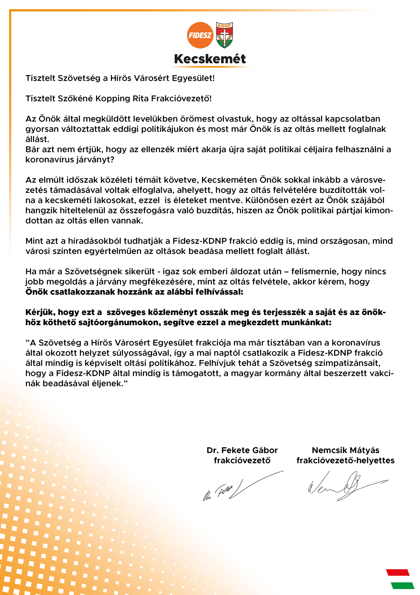 A kecskeméti Fidesz-KDNP frakció nyilatkozata