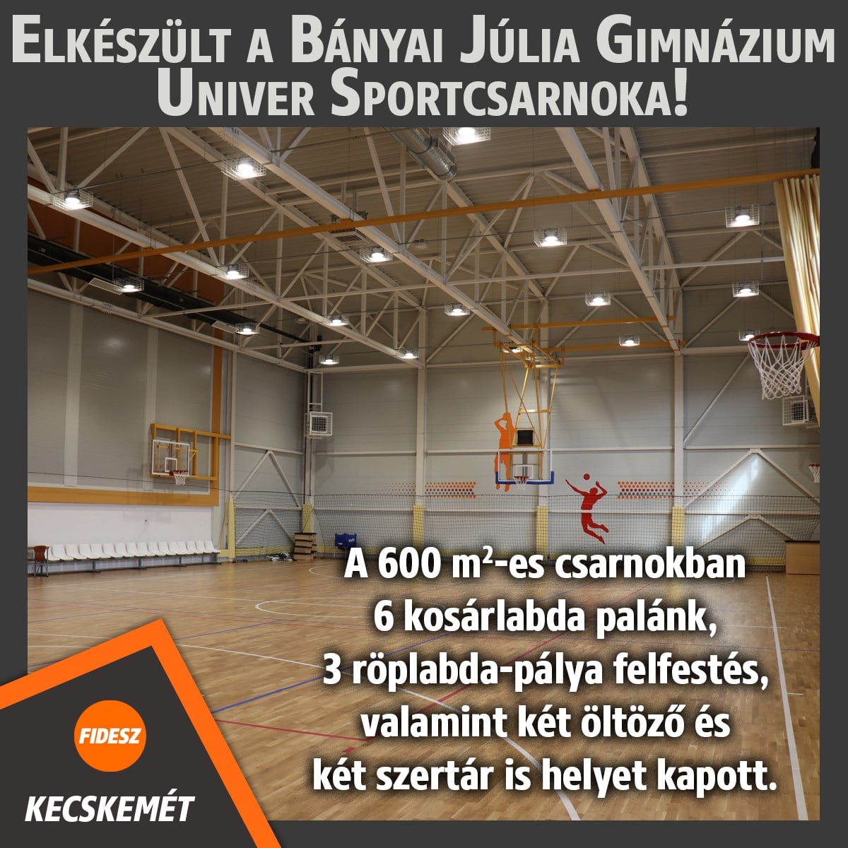 Elkészült a Bányai Júlia Gimnázium Univer Sportcsarnoka! A 600 négyzetméteres csarnokban 6 kosárlabda palánk, 3 röplabda-pálya felfestés, valamint két öltöző és két szertár is helyet kapott.